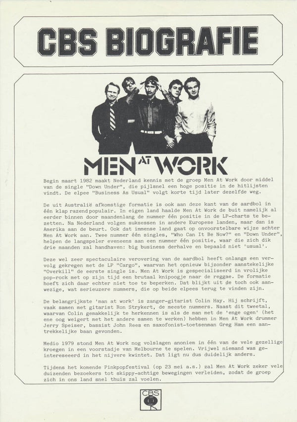 Men At Work - CBS Biografie - 1983 [Holland] - Press Release