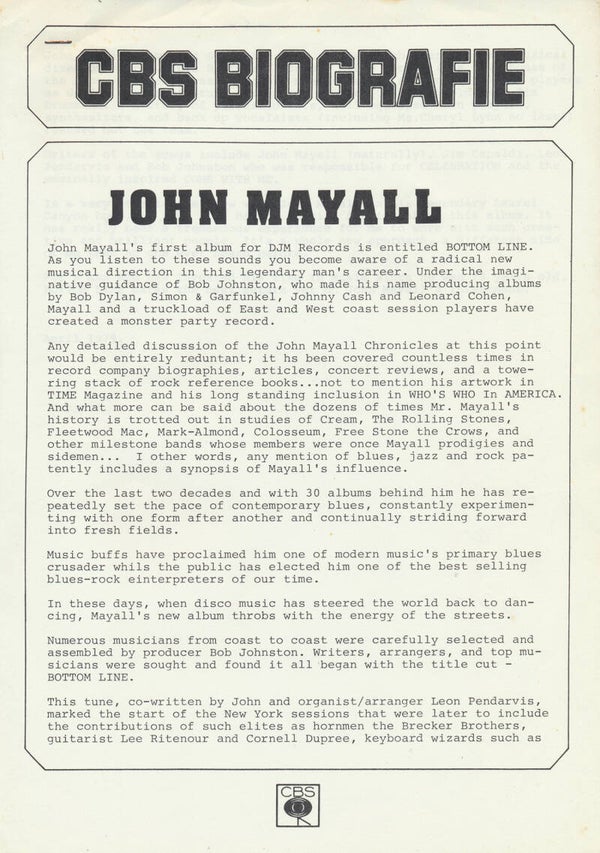 John Mayall - CBS Biografie - April 1979 [Holland] - Press Release