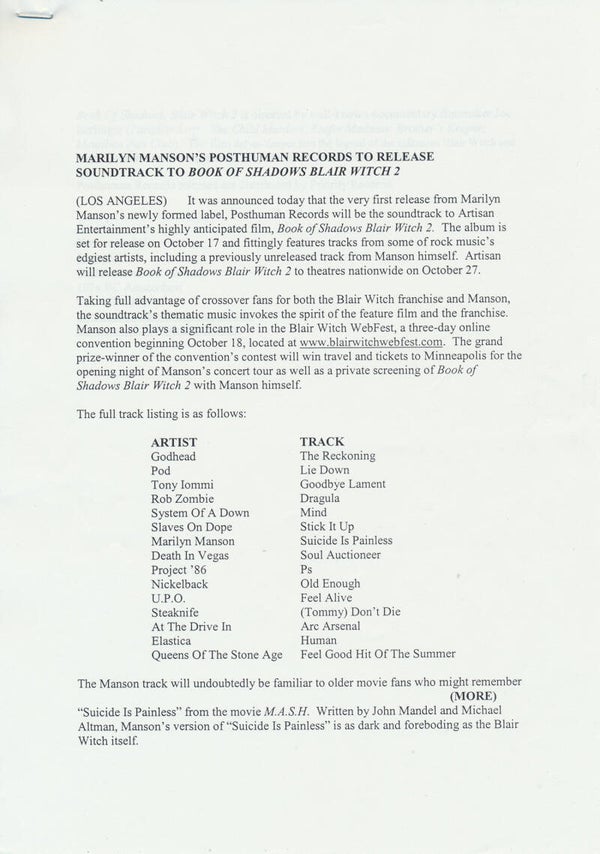 Marilyn Manson - Book Of Shadows - 2000 [Holland] - Press Release