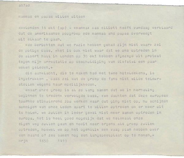 The Mamas And The Papas - Oktober 14, 1967 [Holland] - Telex Message