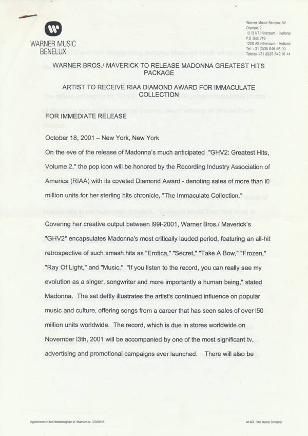 Madonna - GHV2 - October 18, 2001 [Holland] - Press Release