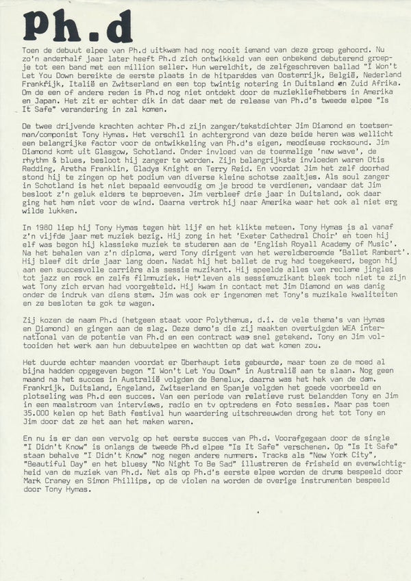 Ph.d - Is It Safe - 1983 [Holland] - Press Kit