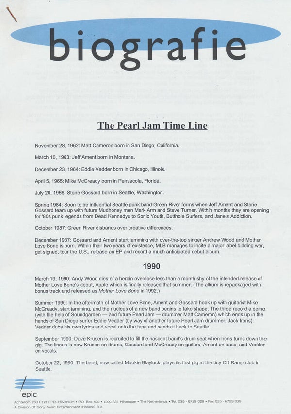 Pearl Jam - Biografie - 2000 [Holland] - Press Release