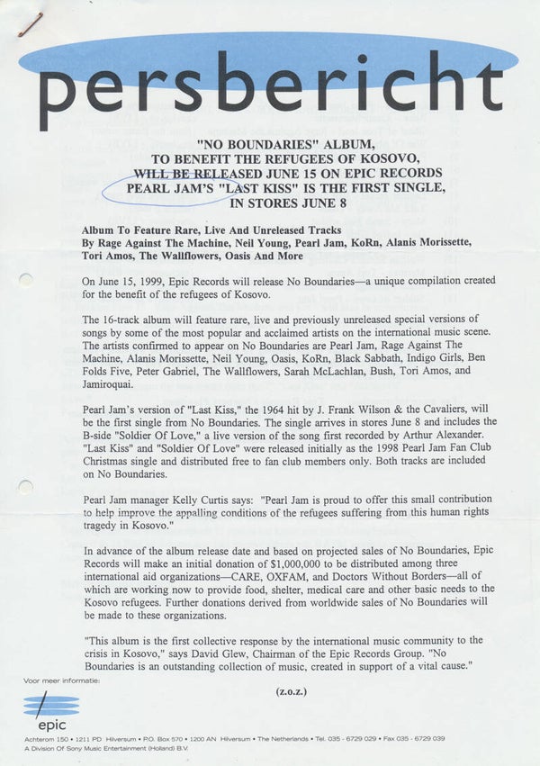 Pearl Jam - Last Kiss - 1999 [Holland] - Press Release