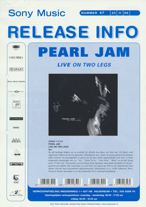 Sony Music Release Info - November 23, 1998 [Holland] - Sales Sheet