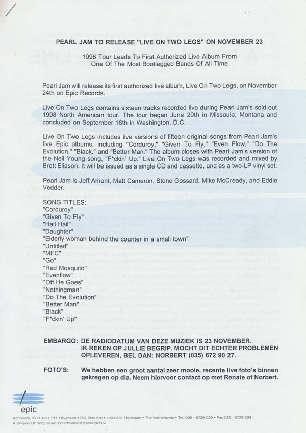 Pearl Jam - Live On Two Legs - 1998 [Holland] - Press Release