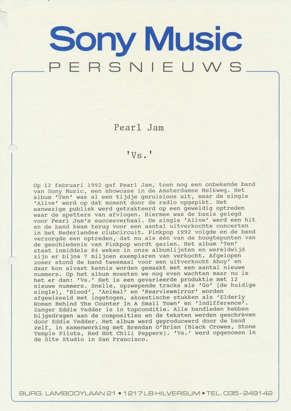Pearl Jam - Sony Music Persnieuws - Vs - 1993 [Holland] - Press Release