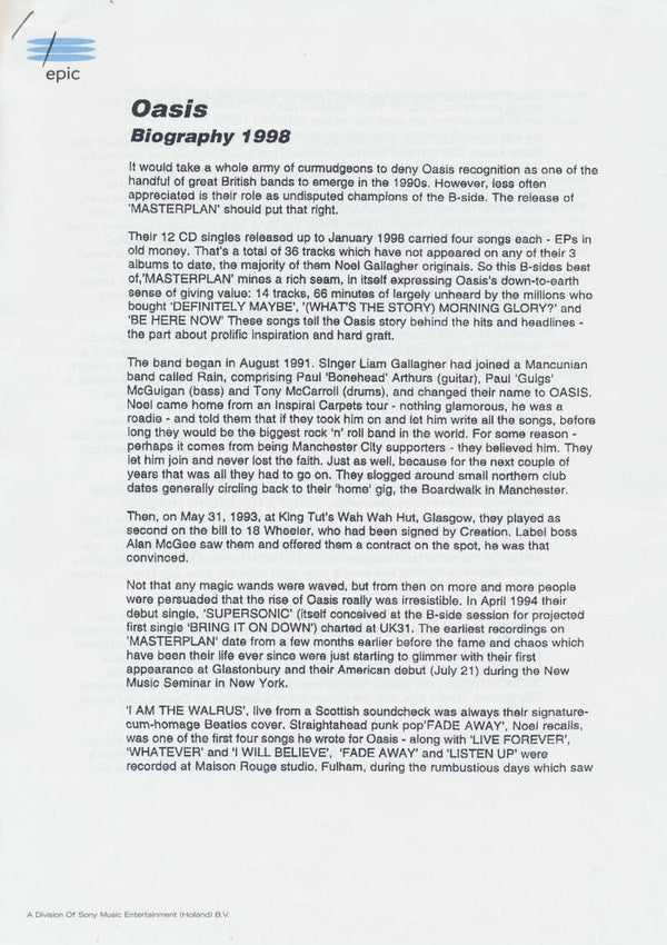 Oasis - Biography 1998 [Holland] - Press Release