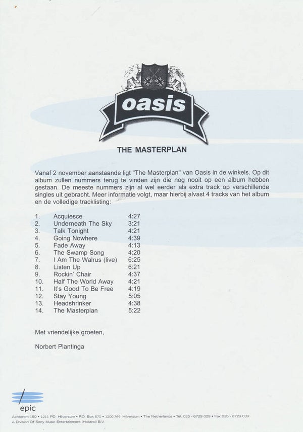 Oasis - The Masterplan - 1998 [Holland] - Press Release