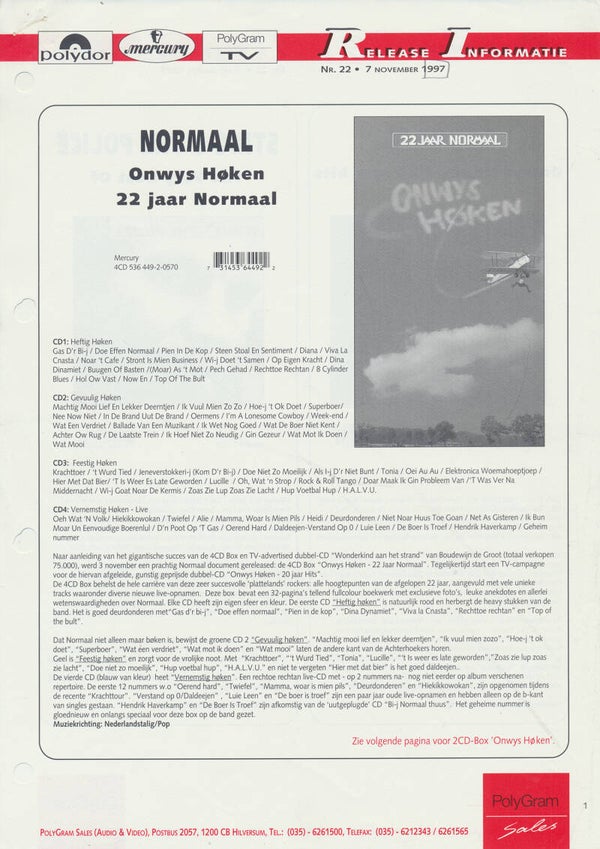 Normaal - Onwys Høken - November 7, 1997 [Holland] - Sales Sheet