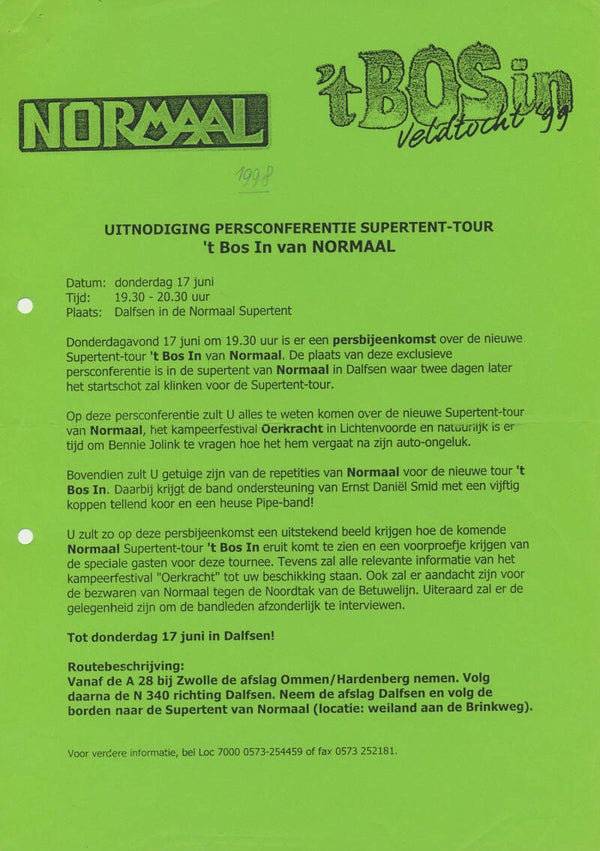 Normaal - 't Bos In - Veldtocht '99 - 1999 [Holland] - Press Release