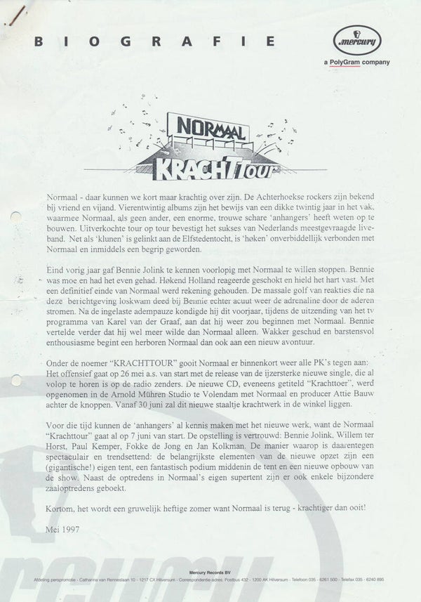 Normaal - Krachttour - Biografie - May 1997 [Holland] - Press Release