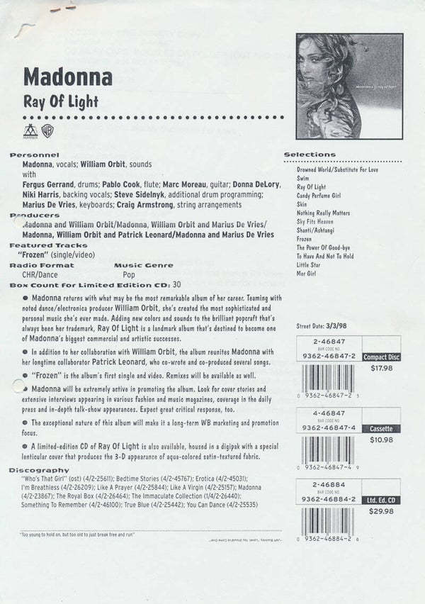 Madonna - Ray Of Light - March 3, 1998 [USA/Holland] - Sales Sheet