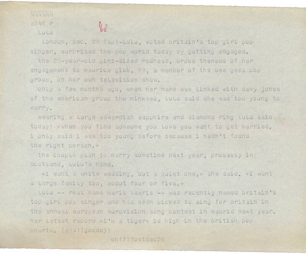 Lulu - Bee Gees - Maurice Gibb - December 28, 1968 [Holland] - Telex Message