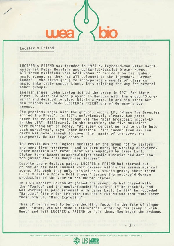 Lucifer's Friend - WEA Bio - 1979 [Germany] - Press Release