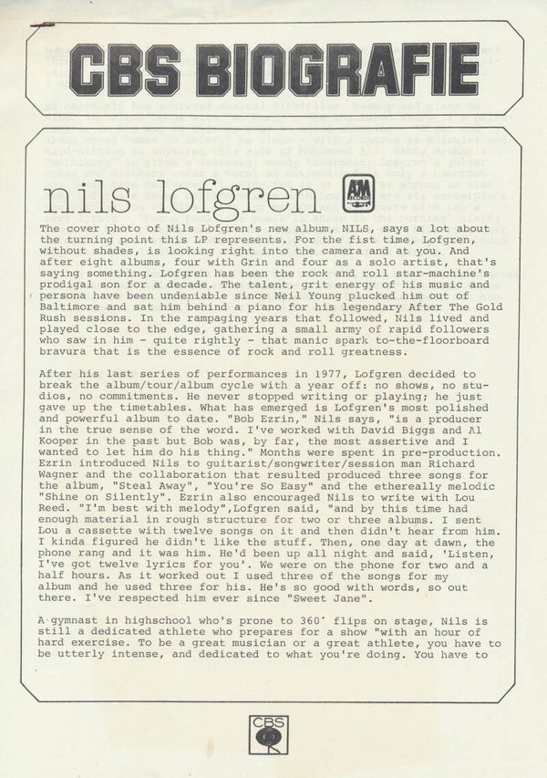 Nils Lofgren - CBS Biografie - September 1979 [Holland] - Press Release