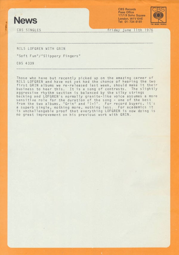 Nils Lofgren - Grin - Soft Fun - June 11, 1976 [UK] - Press Release
