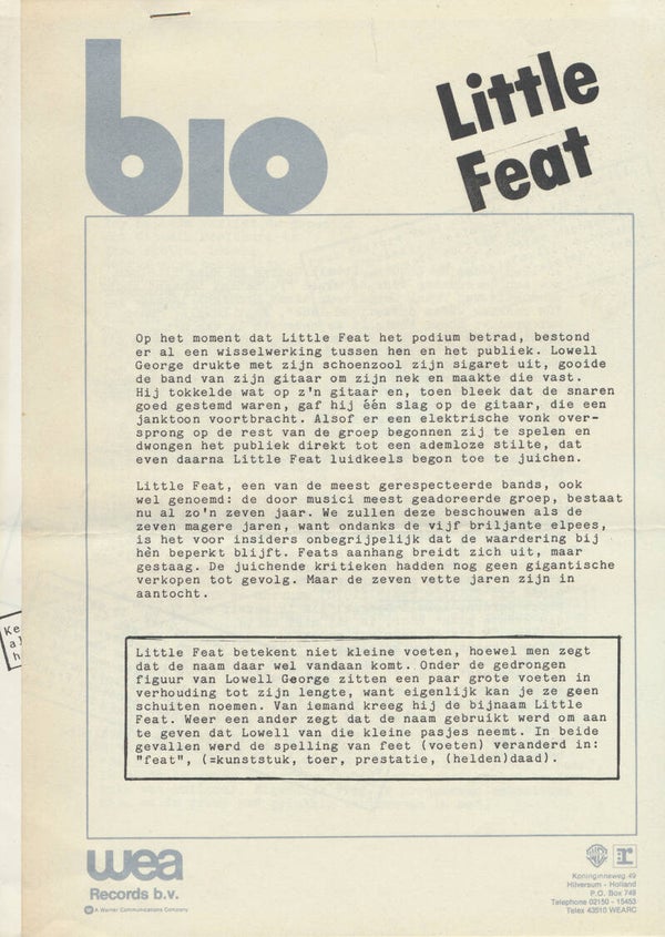 Little Feat - Bio - May 1976 [Holland] - Press Release