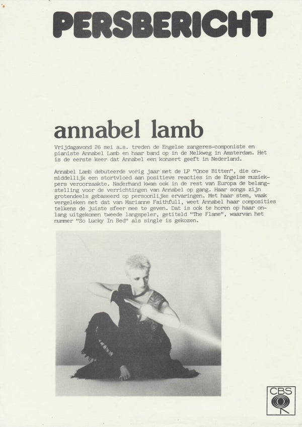 Annabel Lamb - Persbericht - 1984 [Holland] - Press Release