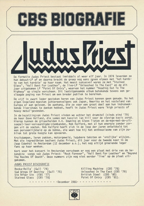 Judas Priest - CBS Biografie - December 1981 [Holland] - Press Release