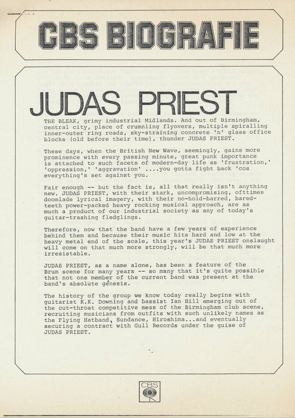 Judas Priest - CBS Biografie - 1978 [Holland] - Press Release