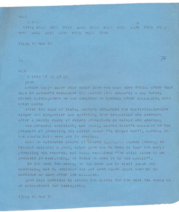 Elton John - November 10, 1978 [Holland] - Telex Message
