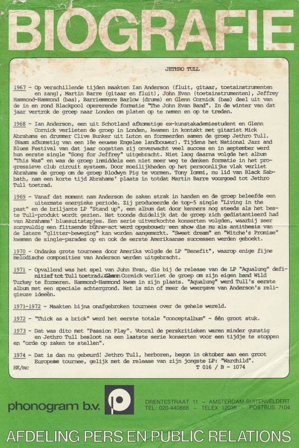Jethro Tull - Warchild - 1974 [Holland] - Press Release