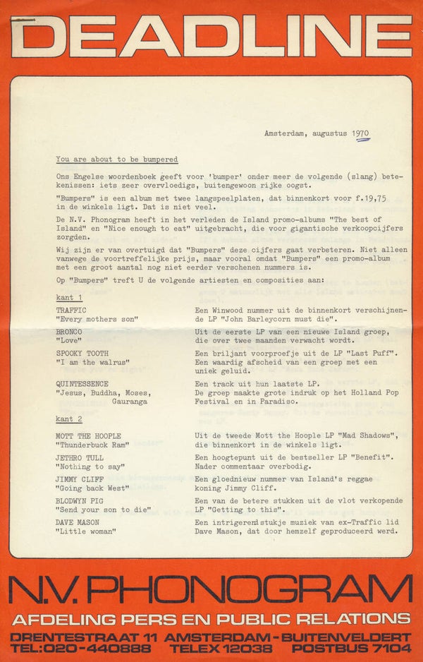 Jethro Tull - Island - Traffic - Bronco - Bumpers - August 1970 [Holland] - Press Release