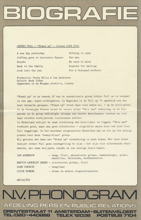 Jethro Tull - Stand Up - Biografie - September 1969 [Holland] - Press Release