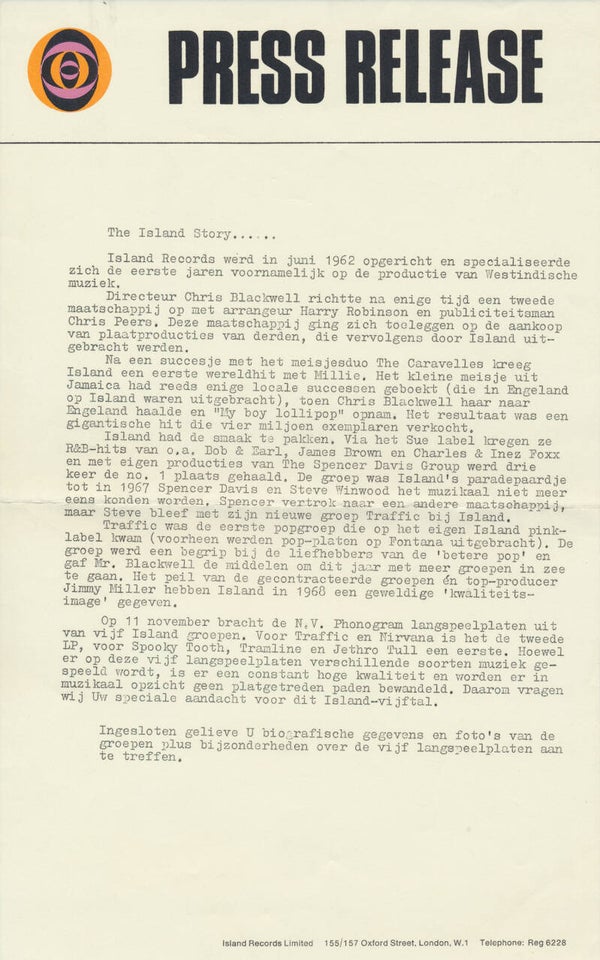 Jethro Tull - Press Release - The Island Story - 1968 [Holland] - Press Release
