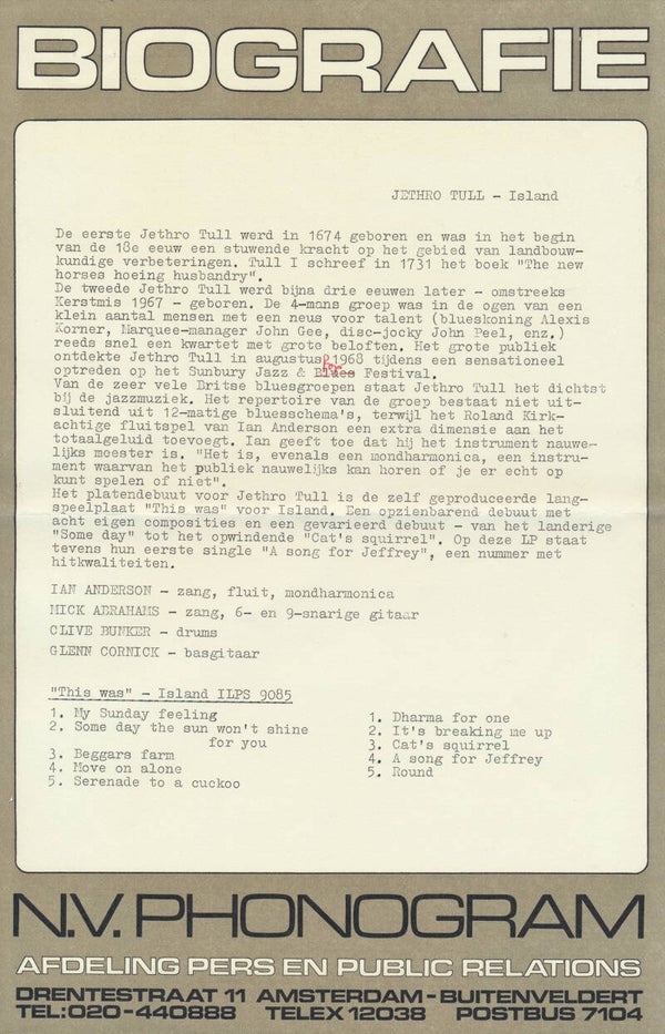 Jethro Tull - This Was - Biografie - 1968 [Holland] - Press Release