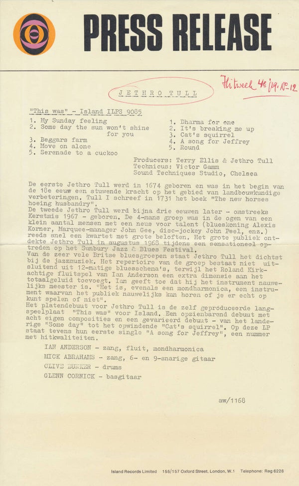 Jethro Tull - This Was - Press Release - November 1968 [Holland] - Press Release
