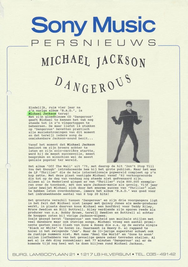 Michael Jackson - Dangerous - 1991 [Holland] - Press Release