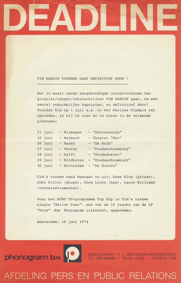 Tim Hardin - Tournee - June 18, 1974 [Holland] - Press Release