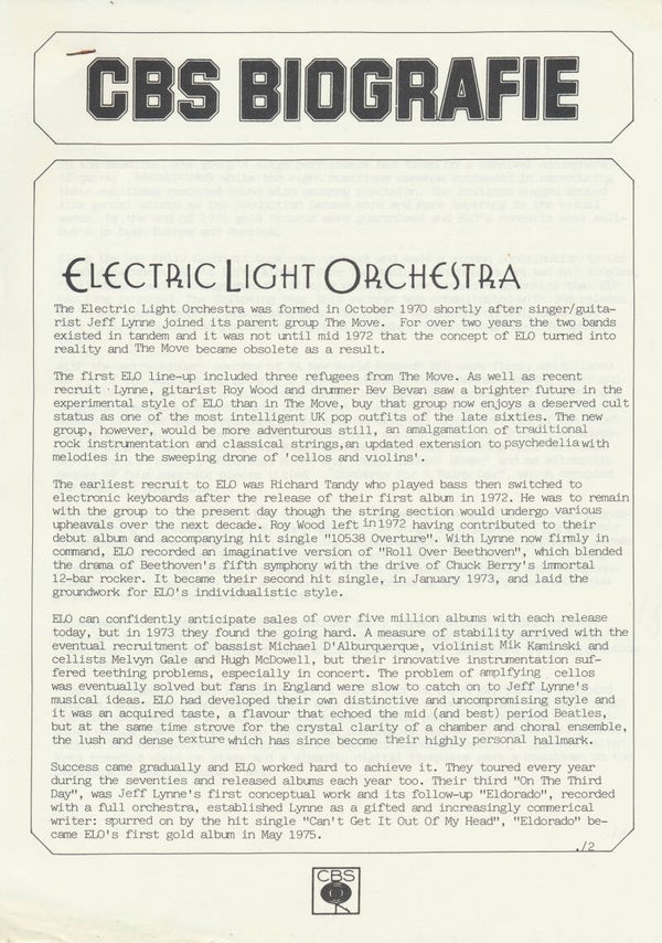 ELO - Electric Light Orchestra - CBS Biografie - June 1983 [Holland] - Press Release