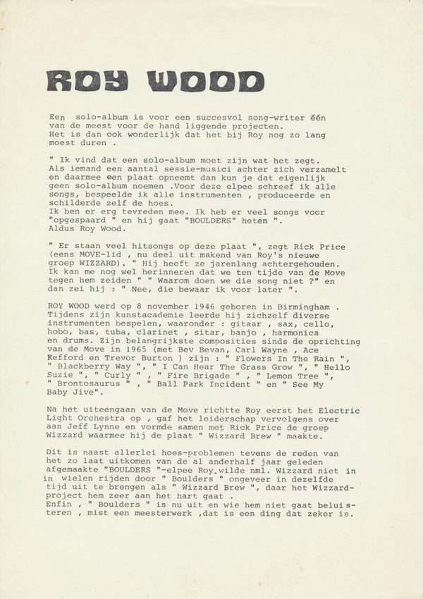 ELO - Electric Light Orchestra - Roy Wood - 1973 [Holland] - Press Release