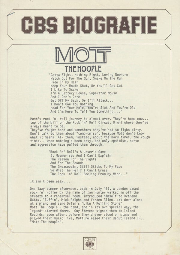 Mott The Hoople - CBS Biografie - October 1974 [Holland] - Press Release