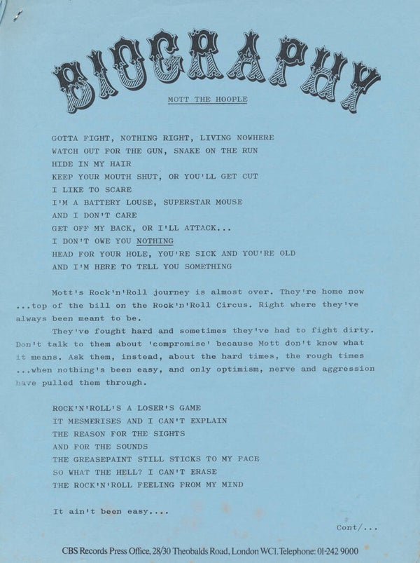 Mott The Hoople - Biography - 1973 [UK] - Press Release