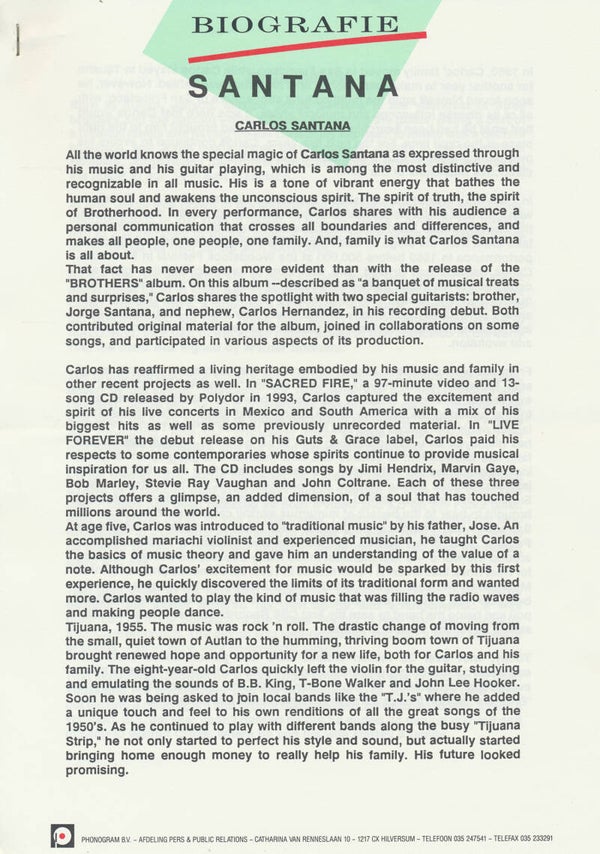 Santana - Biografie - September 1994 [Holland] - Press Release