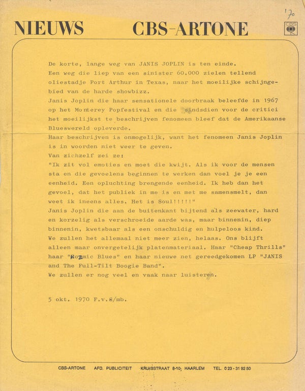 Janis Joplin - Nieuws - October 5, 1970 [Holland] - Press Kit