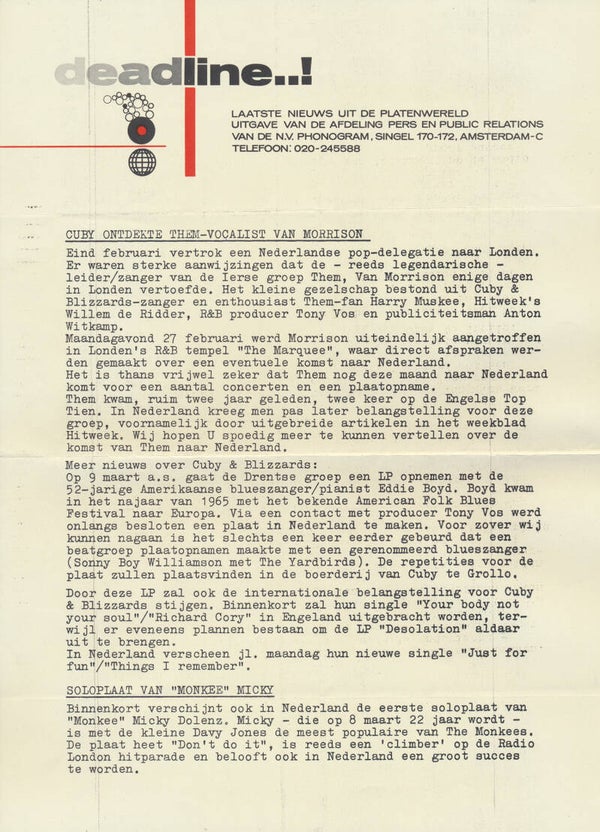 Cuby + Blizzards - Van Morrison - 1967 [Holland] - Press Release