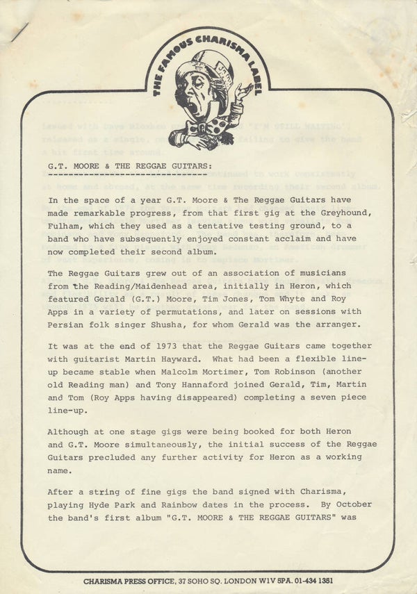 G.T. Moore & The Reggae Guitars - 1975 [UK] - Press Release