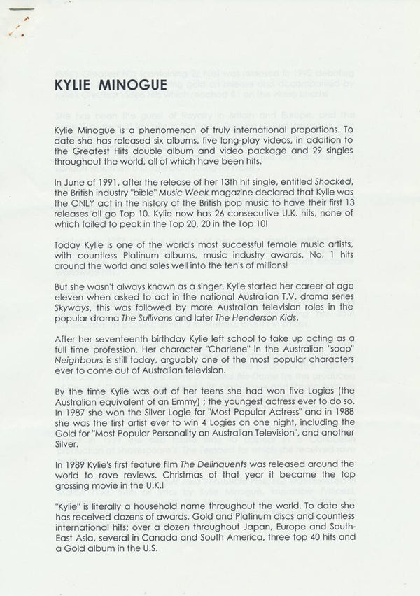Kylie Minogue - 2000 [Holland] - Press Release