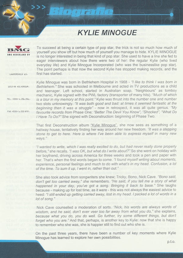 Kylie Minogue - Biografie - January 1998 [Holland] - Press Release