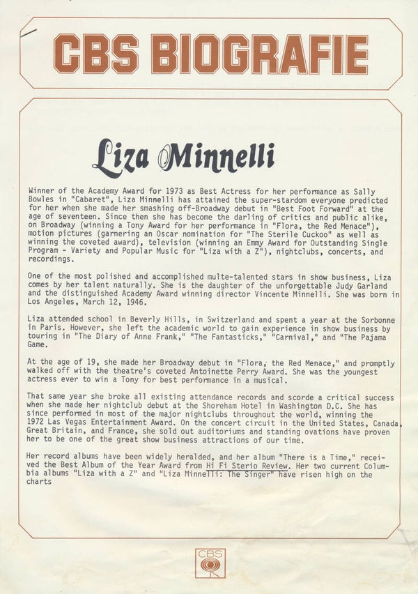 Liza Minnelli - CBS Biografie - 1973 [Holland] - Press Release