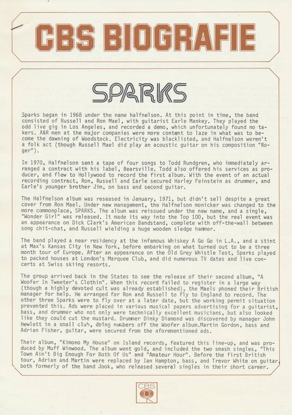 Sparks - CBS Biografie - 1975 [Holland] - Press Release