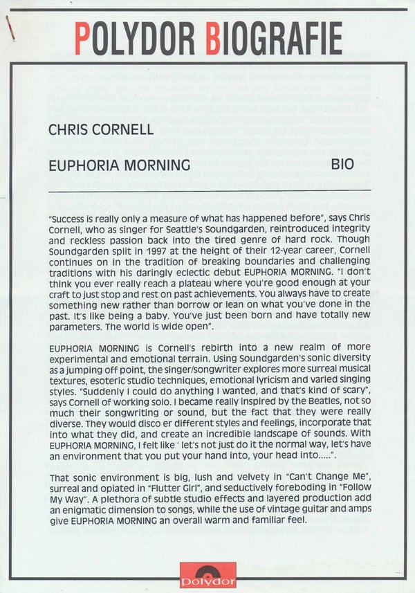 Soundgarden - Chris Cornell - Euphoria Morning - August 1999 [Holland] - Press Release
