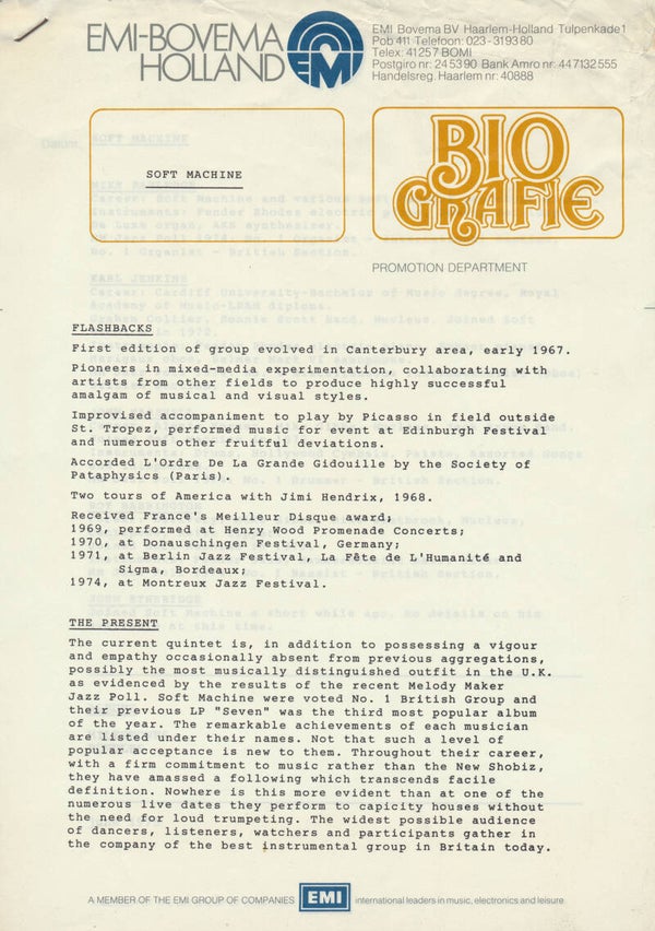 Soft Machine - Biografie - June 1975 [Holland] - Press Release