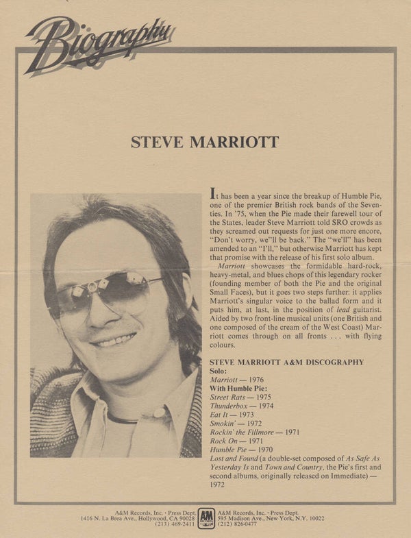 Steve Marriott - Humble Pie - Biography - 1976 [USA] - Press Kit