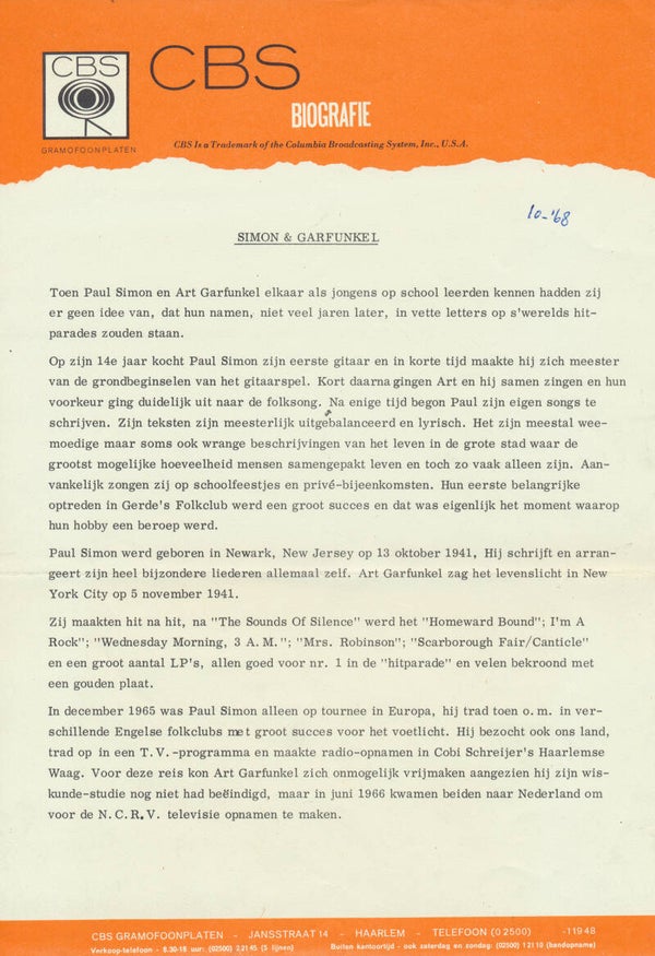 Simon & Garfunkel - CBS Biografie - October 1968 [Holland] - Press Release